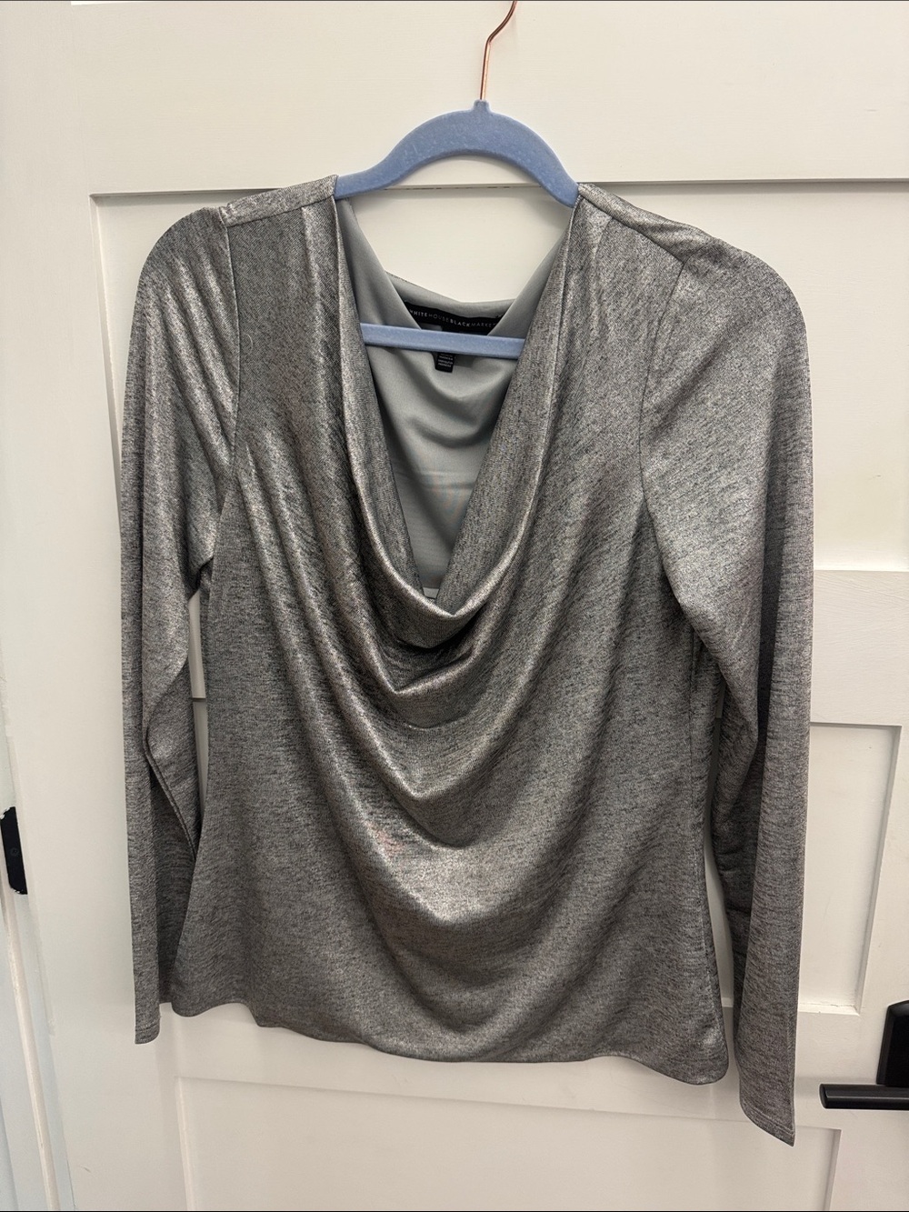 White House Black Market Silver Draped Cowl Neck Blouse